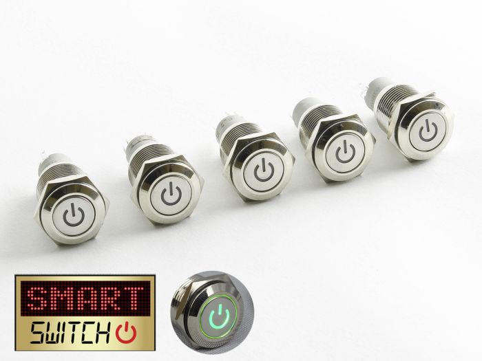 5 x SmartSwitch POWER LED Chrome Latching 19mm 12V/3A Illuminated Round Switch - GREEN