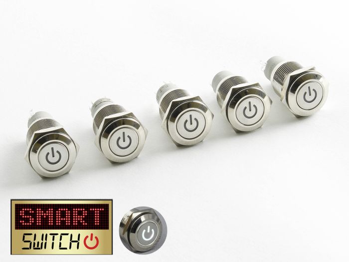 5 x SmartSwitch POWER LED Chrome Latching 19mm 12V/3A Illuminated Round Switch - WHITE (TC001)