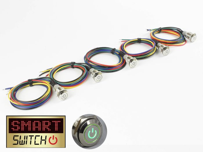 4 x SmartSwitch POWER LED Chrome Latching 19mm 12V/3A Illuminated Round Switch with 50cm Pigtails - GREEN (TC008)