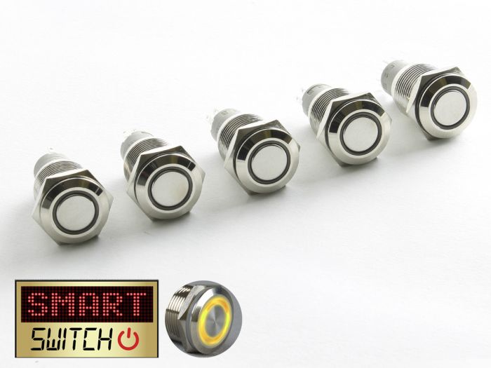 4 x SmartSwitch HALO LED Chrome Momentary 19mm 12V/3A Illuminated Round Switch - YELLOW (TC005)