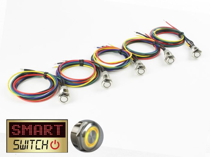 5 x SmartSwitch HALO LED Chrome Latching 19mm 12V/3A Illuminated Round Switch with 50cm Pigtails - YELLOW (TC007)