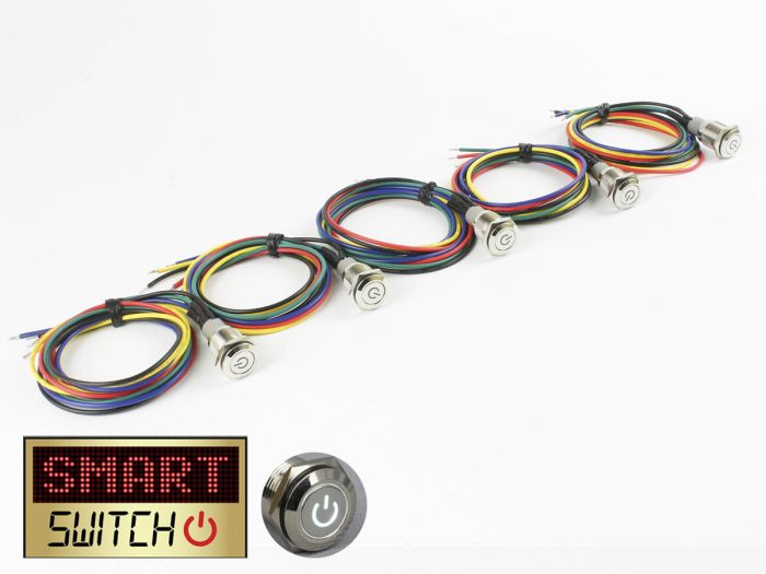 5 x SmartSwitch POWER LED Chrome Latching 19mm 12V/3A Illuminated Round Switch with 50cm Pigtails - WHITE (TC009)