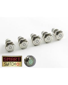 5 x SmartSwitch POWER LED Chrome Latching 19mm 12V/3A Illuminated Round Switch - GREEN
