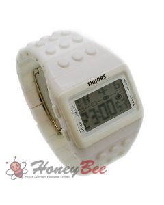 Retro Digital LCD Sports Watch Construction Building Brick Block Pixel 8-Bit-White