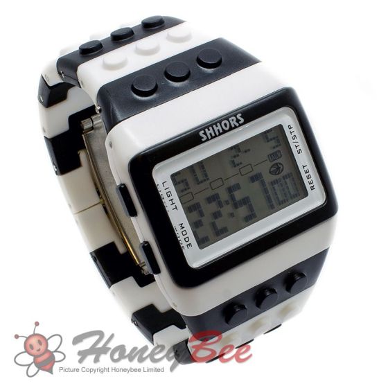Retro Digital LCD Sports Watch Construction Building Brick Block Pixel 8-Bit-Zebra