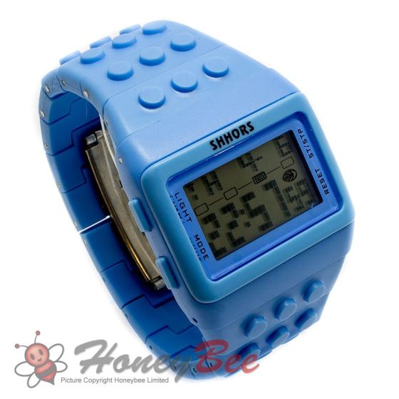 Retro Digital LCD Sports Watch Construction Building Brick Block Pixel 8-Bit-Blue