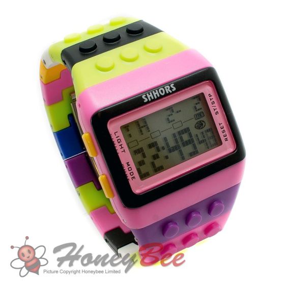 Retro Digital LCD Sports Watch Construction Building Brick Block Pixel 8-Bit-Pink Black Face