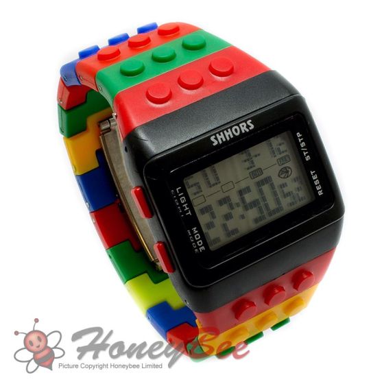 Retro Digital LCD Sports Watch Construction Building Brick Block Pixel 8-Bit-Black Face 1